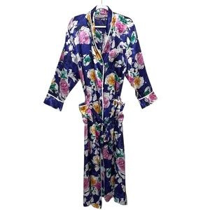 Saks Fifth Avenue Silky Blue Multicolor Floral Satin Robe Pockets Vintage Size M